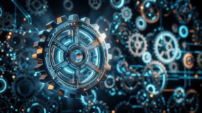 Digital transformation and technology integration are represented by a glowing metallic gear on a dark, interconnected system background.