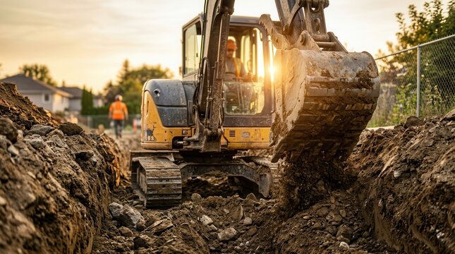 A backhoe excavator creates a deep, narrow trench with soil walls, essential for septic system installation and future pipe and tank placement.