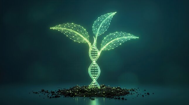 Sustainable agriculture concept: a biotech double helix transforms into a vibrant seedling sprout from the soil, enabling plant modification.