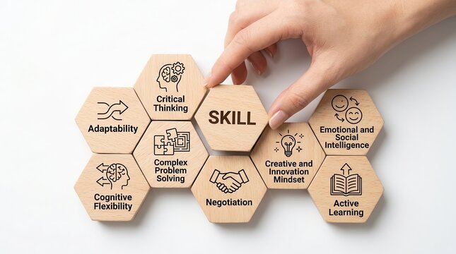 Cultivating future skills for personal development, featuring essential competencies like adaptability, critical thinking, and emotional and social intelligence on wooden blocks.