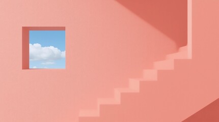 Obraz premium Minimal abstract building space with square window and staircase blue sky background, Architectural design with shade and shadow on pink surface. 3D rendering 