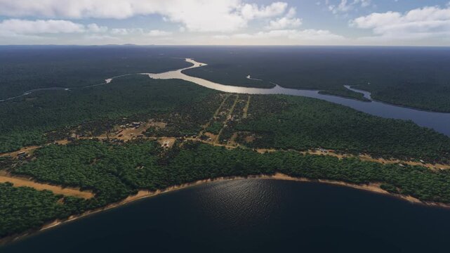 Sunrise aerial drone view of Cestos River. Liberia