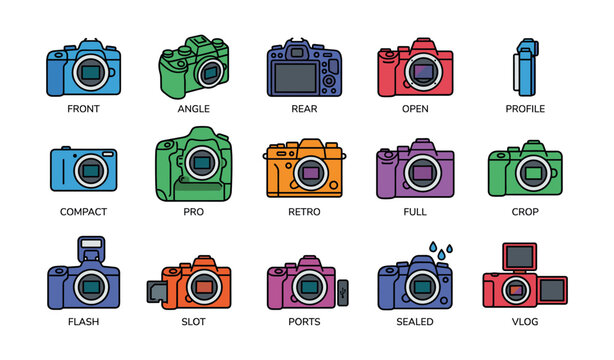 Set of 12 colorful camera icon variations in different styles