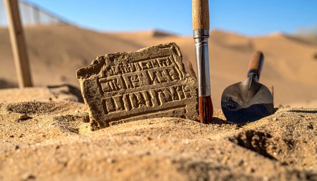 Ancient weathered clay tablet fragment with faint cuneiform script discovered in desert sands with archaeological tools