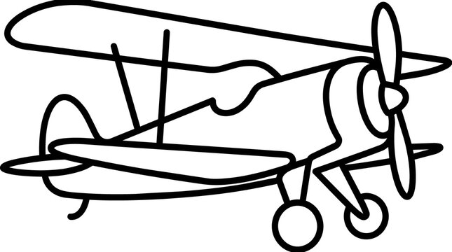 Classic biplane airplane outline illustration in black and white for aviation design; vintage style aircraft vector art design element