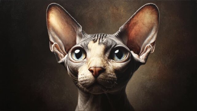 Unique sphynx cat with striking eyes poses against dark background in a detailed portrait