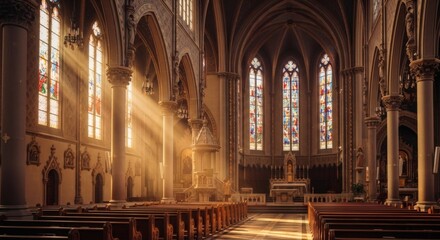 Obraz premium A serene and peaceful interior of a historic church with stunning stained glass windows and warm sunlight