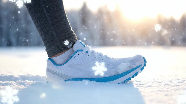 Winter Runner in Snow Footwear in Motion on Bright Sunrise Snow Field with Falling Snowflakes and Soft Glow Around Field