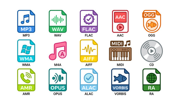 Colorful audio file icons including mp3, wav, flac, and more