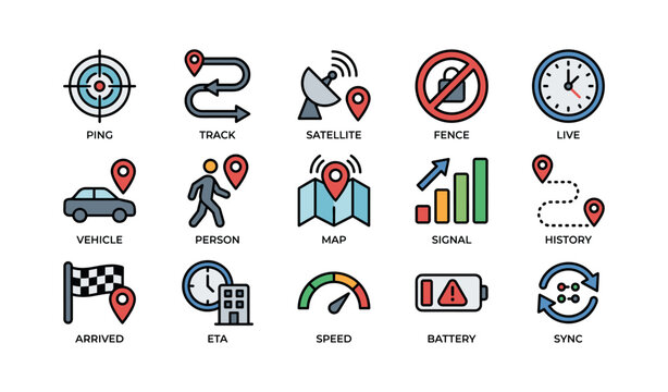 Colorful icon set: gps, navigation, and tracking elements with map and signal indicators