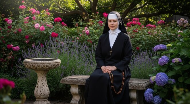 A serene nun sits in a beautiful garden surrounded by vibrant flowers and lush greenery.