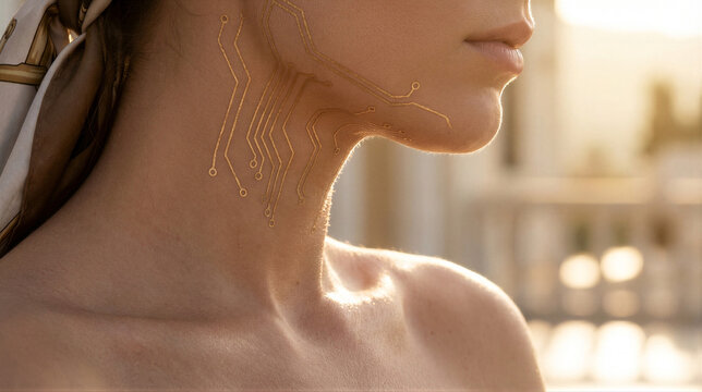 Woman with intricate golden circuit tattoo on neck and jawline. Futuristic cybernetic body modification blending human skin with digital technology. Concept of biohacking innovation and human machine