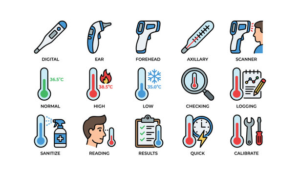 Medical thermometer icons: digital, ear, forehead, axillary, scanner, results, calibrate