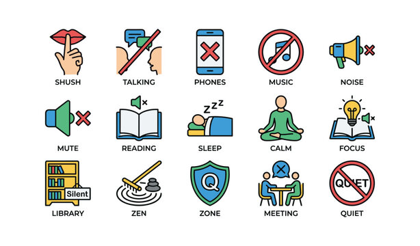 Icons illustrating quiet spaces and activities for focus and calm