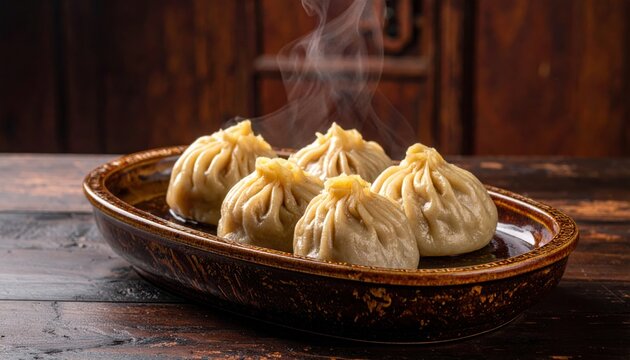 Steamed pigeon dumplings with intricate pleating and rich filling served on a rustic plate with rising steam