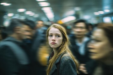 Naklejka premium Stressed Caucasian Woman Feeling Overwhelmed in a Crowded Urban Subway, Moody Lighting and Emotional Expression