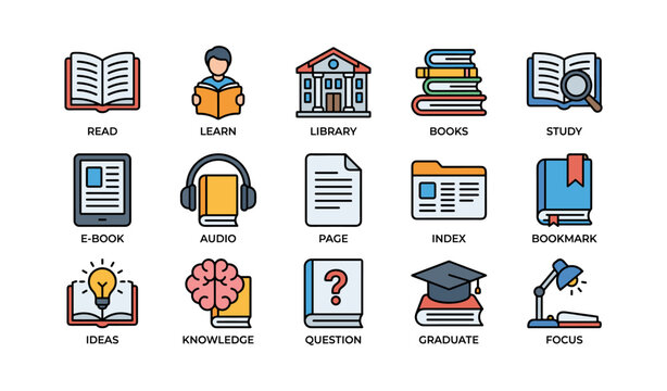 Illustrated icons of reading, learning, and education with books and study materials