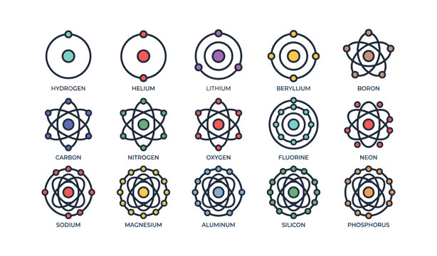 Colorful atomic structure diagrams of 15 chemical elements representing atomic models