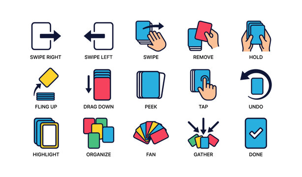 Card interaction icons: swiping, removing, highlighting, organizing, tapping, undoing