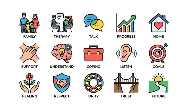 Icons depicting family therapy and personal growth concepts in colorful style