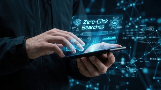 Experience the future of information with a Zero-Click AI Search concept on a smartphone, delivering automated insights and instant answers without website clicks.