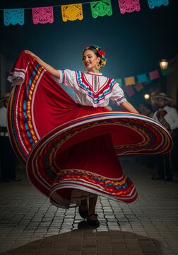 Young Woman in Traditional Dress Dancing on Cobblestone Street