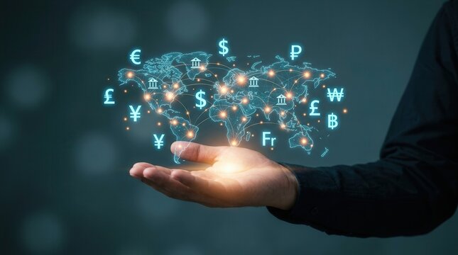 Visualize cross-border transactions and forex exchange with a hand displaying a digital world map and various cryptocurrency and currency symbols.