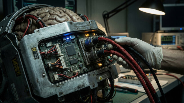 Scientist hand connecting red cables to cybernetic brain implant in laboratory. Futuristic brain-computer interface with neural circuits and monitors. Advanced neurotechnology and human augmentation