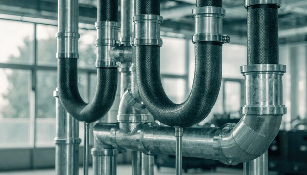 Medium shot focusing on the versatility of hybrid compositemetal pipe systems featuring secure metal terminations paired with flexible composite piping for efficient fluid