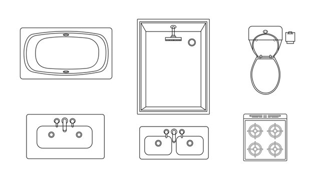 Top view bathroom and kitchen fixture blueprint outline elements including bathtub toilet sink and stove for planning