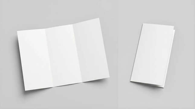 Blank brochure tri-fold mockups on a plain background, showcasing folded and unfolded paper for creative design placement
