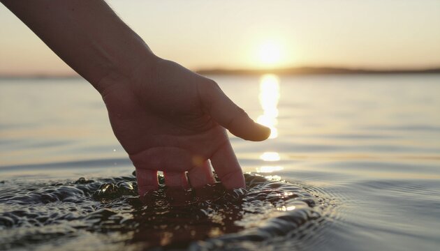 Close-up of a gentle hand cupping ocean water at sunset, with soft ripples and warm golden light reflecting on the surface
