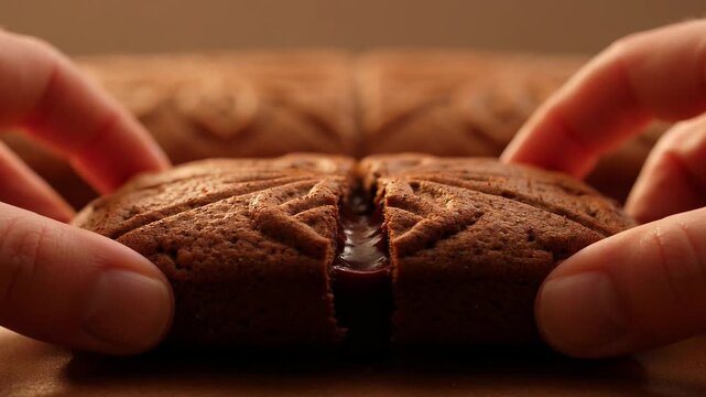 Two hands reaching for a traditional stamped Tula gingerbread cookie on a table.