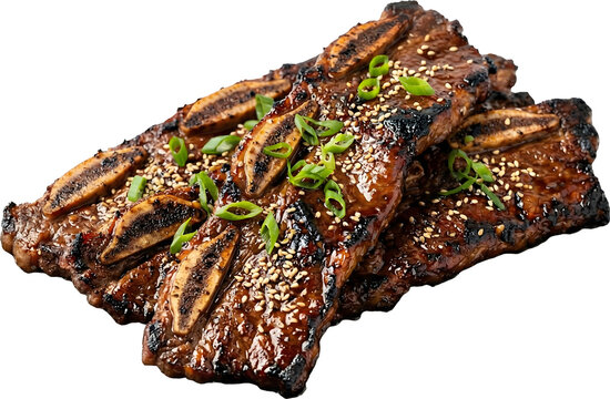 Korean LA Galbi Grilled Beef Short Ribs Glazed and Charred on White Plate, Korean BBQ Restaurant Favorite, PNG Cut Out, Isolated on White Background