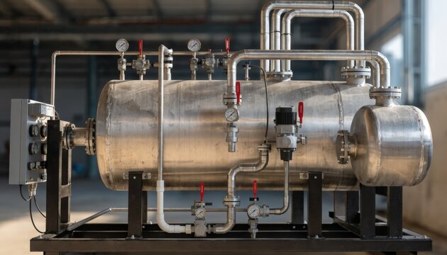 Medium shot of a boiler skid featuring integrated piping and control units highlighting modular design for streamlined thermal energy processes.