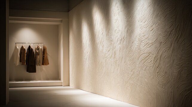 Minimalist fashion boutique interior with textured wall, clothes rack, soft lighting