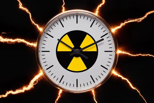 Clock with nuclear symbol fissure. Radiation threat and countdown crisis
