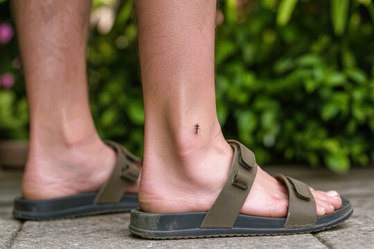 Mosquito bite human ankle in garden. Insect bite and disease transmission risk