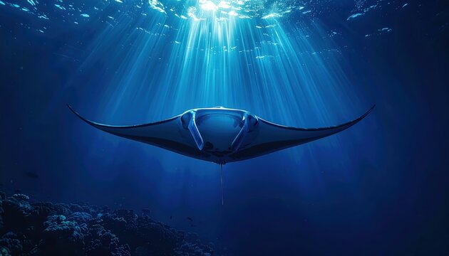 Giant Manta Ray Gliding Effortlessly Through Deep Blue Ocean Currents, Sunbeams Illuminating Its Path