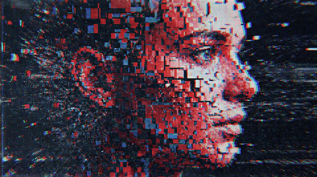 Womans face dissolving into red and blue pixels. Cyber glitch portrait with fragmented features. Digital identity and technology fusion concept in virtual reality.