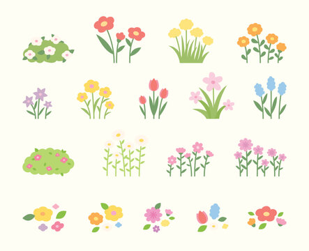 A collection of illustrations of cute flowers blooming in a meadow. Flat design style.