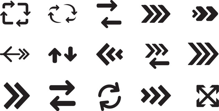 Collection of various black arrow icons on white