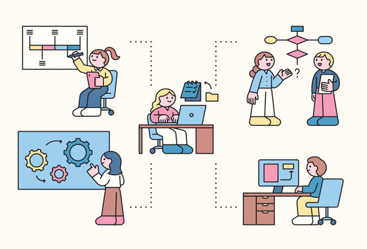 Cute characters are analyzing data and working at the company.