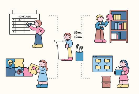 Cute characters are planning projects and working at the company.