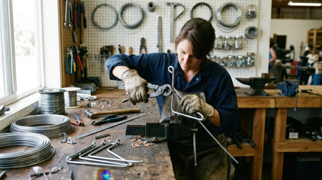 Medium shot capturing the creation of wall brackets by bending wire emphasizing structural shaping and support design in a welllit workspace.