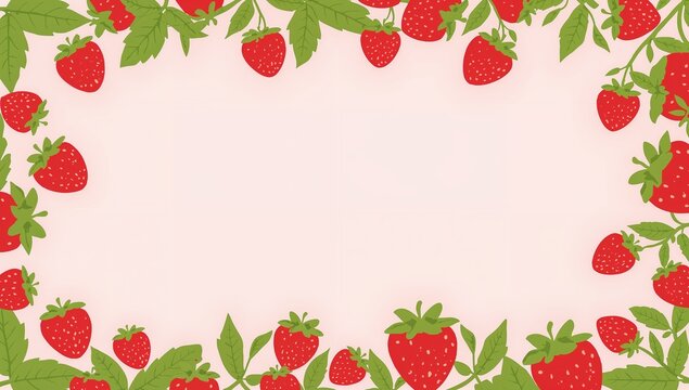 Strawberry border PowerPoint background with red berries and leaves for summer, picnic, bakery and recipe slides