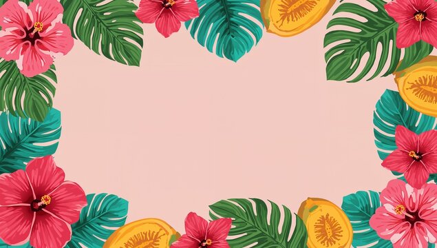 Tropical hibiscus and peach border PowerPoint background for summer, luau, beach wedding and party slides