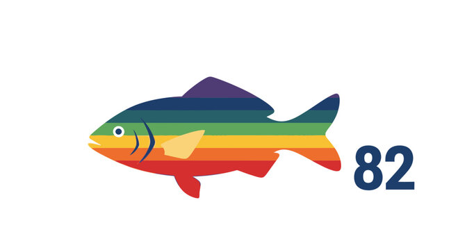 Rainbow Fish with Number 82 Illustration on White Background