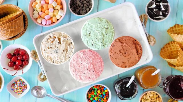 Summer ice cream buffet with a variety of flavors and sweet toppings. Slow rotating zoom motion. Overhead view table scene on a blue wood background.