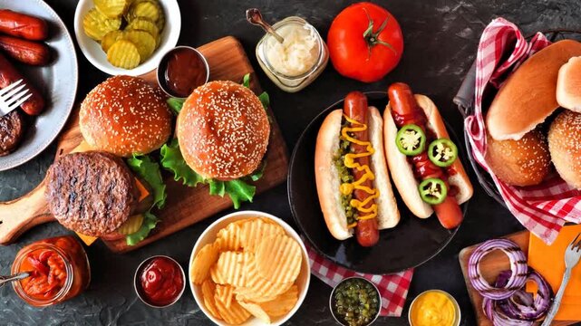 Summer BBQ food table with hot dog and hamburger buffet. Slow rotating zoom motion. Top down view over a dark background.